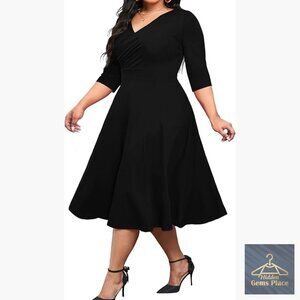 Plus Size Midi Dress 3/4 Sleeve A-Line V Neck Stretchy Casual